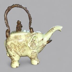 Antique Asian elephant, teapot with monkey, ceramic, bronze handle and monkey